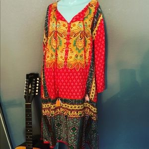 🌼 NWT SR Fashion Boho BRIGHT COLOR INDIAN Dress Size XL SOFT ORANGE RAYON